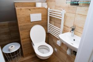 a small bathroom with a toilet and a sink at Penzión Zvala in Pichne +40 photos