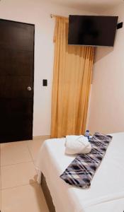 a bedroom with a bed with a television on the wall at hotel chanel in Itagüí