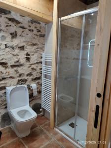 a bathroom with a toilet and a glass shower at Cal RAFELÓ in Queralbs