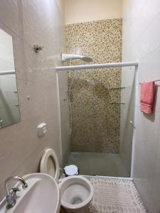 a bathroom with a shower and a toilet and a sink at Apto Aconchegante Próximo ao Centro! in Sinop