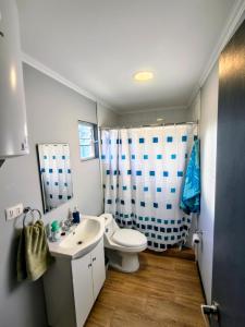 a bathroom with a white toilet and a sink at Arriendo en Valdivia cabañas in Valdivia