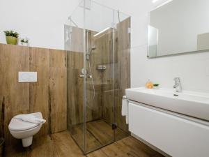 a bathroom with a shower and a toilet and a sink at BergbiberLODGE L in Piesendorf +24 photos