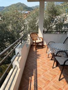 a balcony with a table and chairs on a balcony at Lupo in Budva