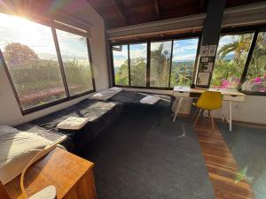 a room with a bed and a desk and windows at Hotel Honey Bee in Alajuela