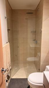 a glass shower in a bathroom with a toilet at Teusaquillo Urban Loft in Bogotá +11 photos