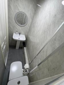 a bathroom with a sink and a toilet and a mirror at Luxury modern guest house in Birmingham