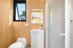 a bathroom with a toilet and a sink and a mirror at Wombat Hideaway by Tiny Away in Laguna