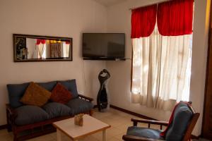 a living room with a couch and a tv at Hotel Barcelona in General Alvear