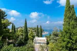 a house on a hill with trees and a lake at Apartments Aida in Cavtat