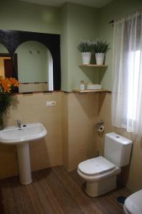 a bathroom with a toilet and a sink and a mirror at Arco de las Descalzas in Úbeda