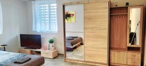 a mirror in a bedroom with a bed and a television at Apartament Lipnicki 2 in Bielsko-Biała