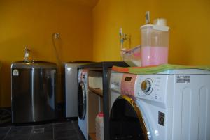 a laundry room with a washing machine and a washer at Seri Inn Guesthouse in Busan