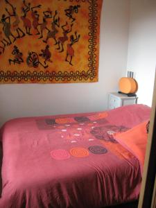 a bedroom with a pink bed with a painting on the wall at Les Elfes in Saint-Jean