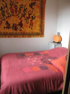 Saint-JeanにあるLes Elfesのベッドルーム1室(ピンクベッド1台、壁に絵画付)