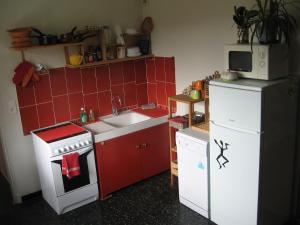 a small kitchen with a stove and a refrigerator at Les Elfes in Saint-Jean
