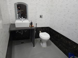 a bathroom with a toilet and a sink and a mirror at Hotel The Sky Blue & Caffe in Masodha