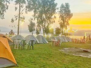 a group of tents in a field with tables and chairs at Camping At Pawana in Malavli