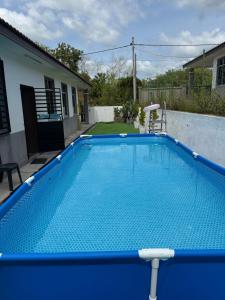 a large blue swimming pool in a backyard at Homestay White Aqil in Kampong Paya Pulai