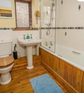 a bathroom with a toilet and a sink and a shower at Old Well Cottage Barn Conversion in Penrith
