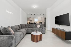 a living room with a gray couch and a tv at Mnasiadou Suite 16 in Nicosia