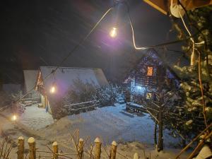 a house covered in snow at night with lights at Domek u Małysza in Istebna