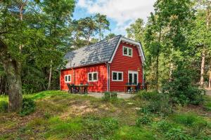 a red cabin in the middle of the woods at Chalet Citola in Nuenen