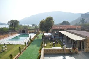 an overhead view of a resort with a swimming pool at Bagh Ajabgarh in Ajabgarh