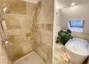 a bathroom with a shower and a toilet and a sink at La casa Terracotta - centre ville , spacieux & confortable in Béthune