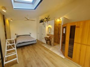 a bedroom with a bed and a skylight at Au Moulin du Miech in Salvagnac
