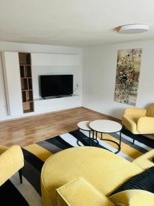 a living room with a couch and a tv at Ferienhäuser Radebeul "Apartment Altkötzschenbroda" in Radebeul