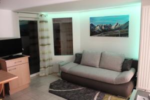 a living room with a couch and a television at Panoramablick Osttirol in Lienz