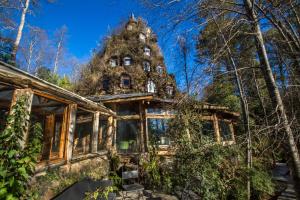 ein altes Haus mit einem Turm im Wald in der Unterkunft Huilo Huilo Montaña Mágica in Huilo-Huilo