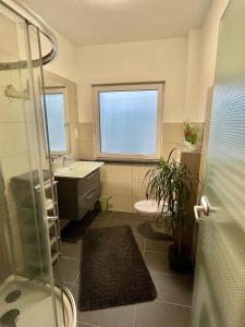 a bathroom with a sink toilet and a window at FeWo mit Terrasse Neuwied & Koblenz in Neuwied +25 photos