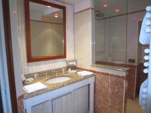 a bathroom with a sink and a mirror at Manoir Du Cunningham in Saint Malo