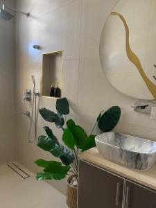 a bathroom with a sink and a mirror and a plant at أستراحة بانا in Nizwa +9 photos