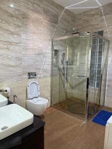 a bathroom with a shower and a toilet and a sink at Precious Pavilion - Single Rooms in Abuja