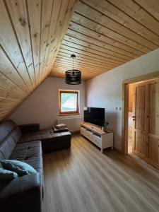a living room with a couch and a television at Drevenica MATAJKA in Kvačany