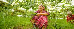 a woman in a pink dress sitting in the grass at PLand Agrotourism in Bharatpur +25 photos