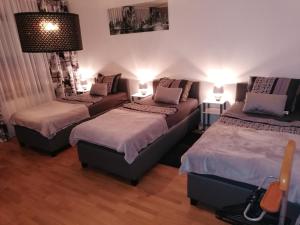 a room with three beds and a couch in it at Monteurzimmer Grüner Winkel in Lembruch