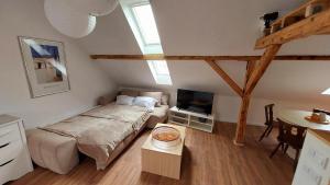a bedroom with a bed and a tv and a table at Large Private Room Near Colmar Center with Free Public Parking in Colmar