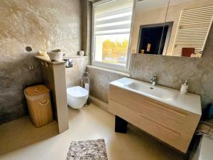 a bathroom with a sink and a toilet and a window at Écrin Ostwald 2 private suites Free parking in Ostwald +41 photos