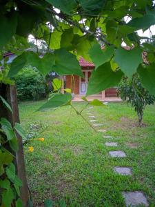 a garden with a stone path in front of a house at Eco Bricks in Ahangama +9 photos