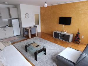 a living room with a couch and a christmas tree at Apartman Balkan in Bijeljina