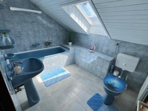 a bathroom with a blue sink and a toilet at Fehérló Vendégház & Restaurant in Bük +267 photos