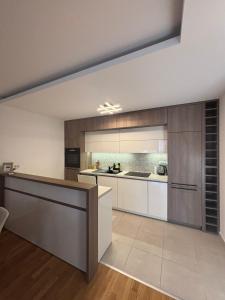 a large kitchen with white cabinets and a counter at Apartman Akademska Četvrt in Čačak