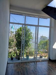 an empty room with a large window with potted plants at The nest haputale in Haputalegama