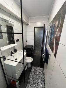a bathroom with a sink and a toilet at Ideal House Rent in Petroşani +4 photos