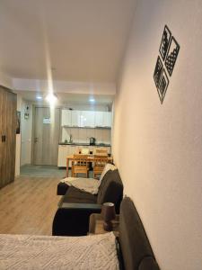 a living room with couches and a table at Bakuriani Plaza A block N109 in Bakuriani +11 photos