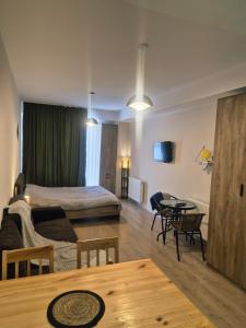 a living room with a bed and a table at Bakuriani Plaza A block N109 in Bakuriani