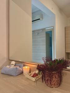 a bathroom with a large mirror and a potted plant at Villa Marcolini in Cattolica